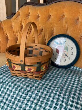 Woven wooden basket and Westclox apple design clock and towel sweet perfect gift